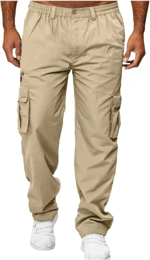 Men's Cargo Pants Casual Solid Color Trousers Straight Leg Elastic Waistband Joggers Sport Sweatpants with Pockets