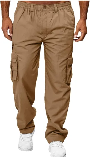 Men's Cargo Pants Casual Solid Color Trousers Straight Leg Elastic Waistband Joggers Sport Sweatpants with Pockets