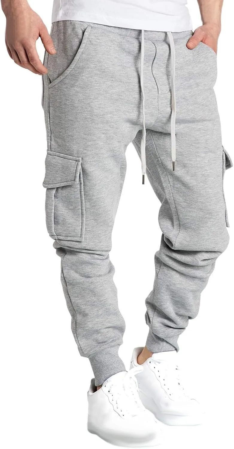 Mens Cargo Sweatpants Baggy Drawstring Elastic Waist Athletic Gym Pants Fall Winter Long Trousers with Pockets