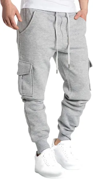 Mens Cargo Sweatpants Baggy Drawstring Elastic Waist Athletic Gym Pants Fall Winter Long Trousers with Pockets
