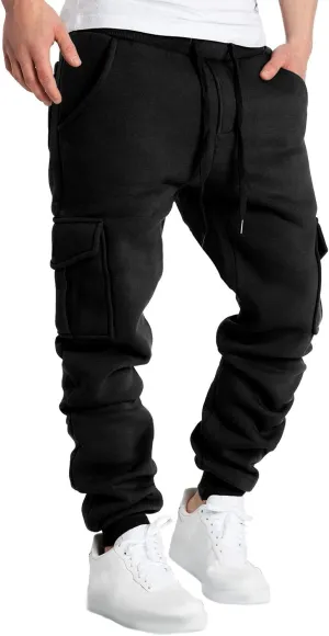 Mens Cargo Sweatpants Baggy Drawstring Elastic Waist Athletic Gym Pants Fall Winter Long Trousers with Pockets