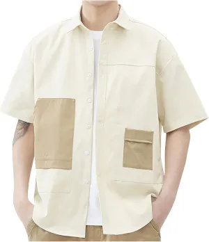 Mens Casual Button Down Shirts Oversized Short Sleeve Casual Shacket Jacket with Pockets Color Block Patchwork Summer Jacket