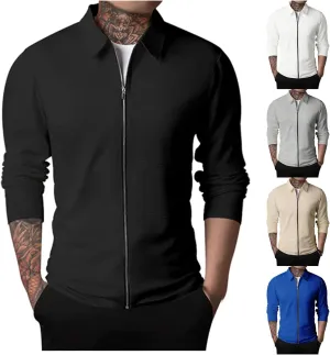 Mens Casual Cardigan Sweaters Lapel Collar Solid Color Long Sleeve Jackets Full Zipper Closure Button Up Pullover Top Shirts