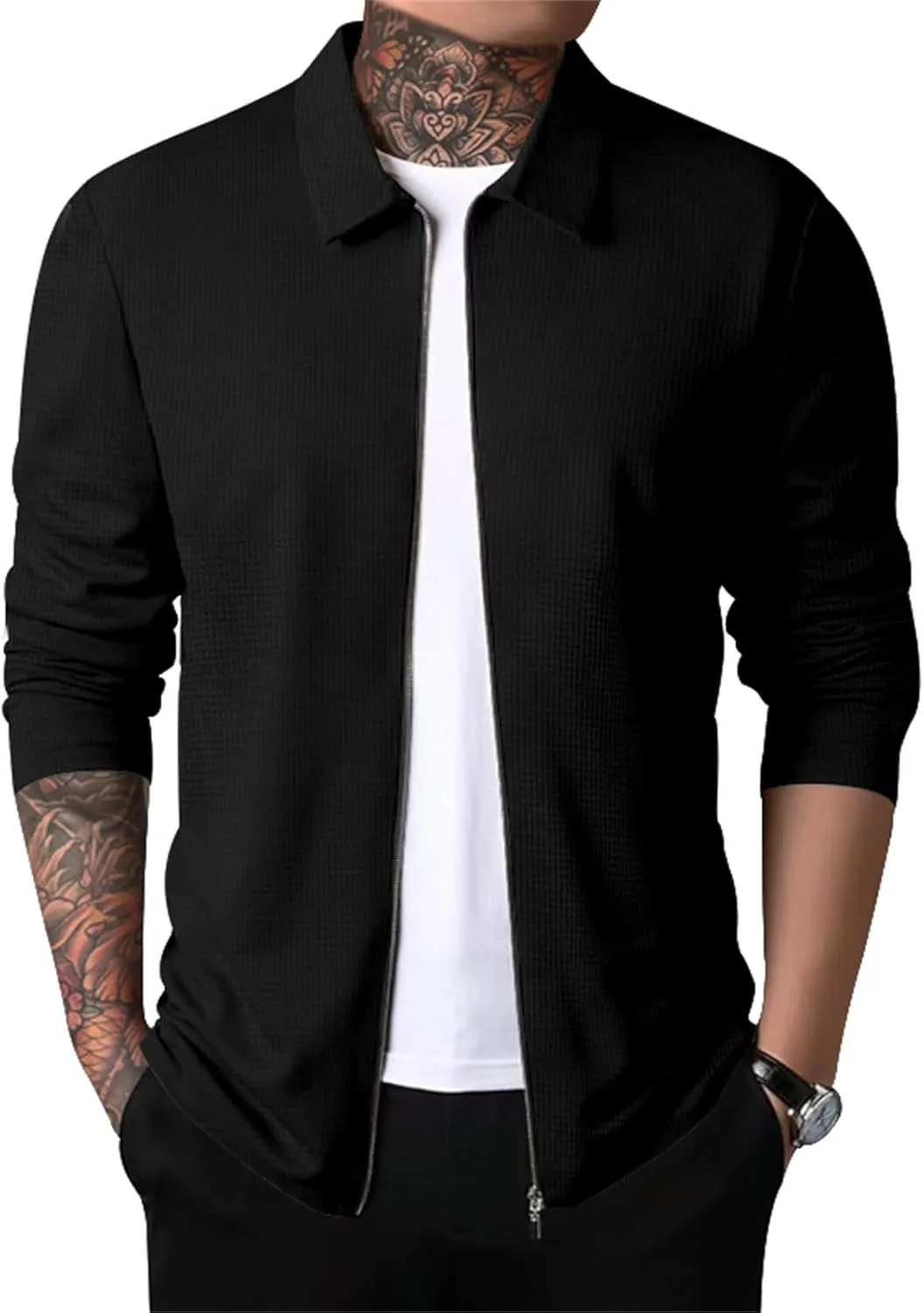 Mens Casual Cardigan Sweaters Lapel Collar Solid Color Long Sleeve Jackets Full Zipper Closure Button Up Pullover Top Shirts