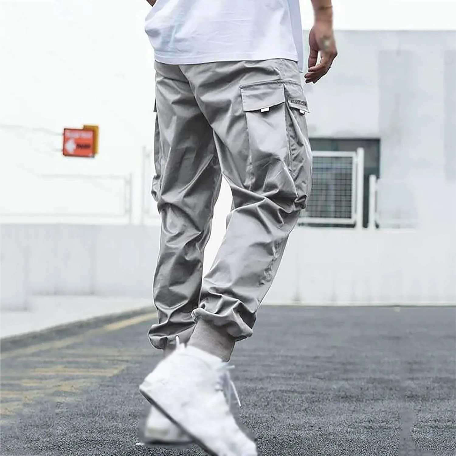 Men's Casual Cargo Pants Stretch Elastic Waist Joggers Athletic Gym Pants Summer Long Trousers with Pockets