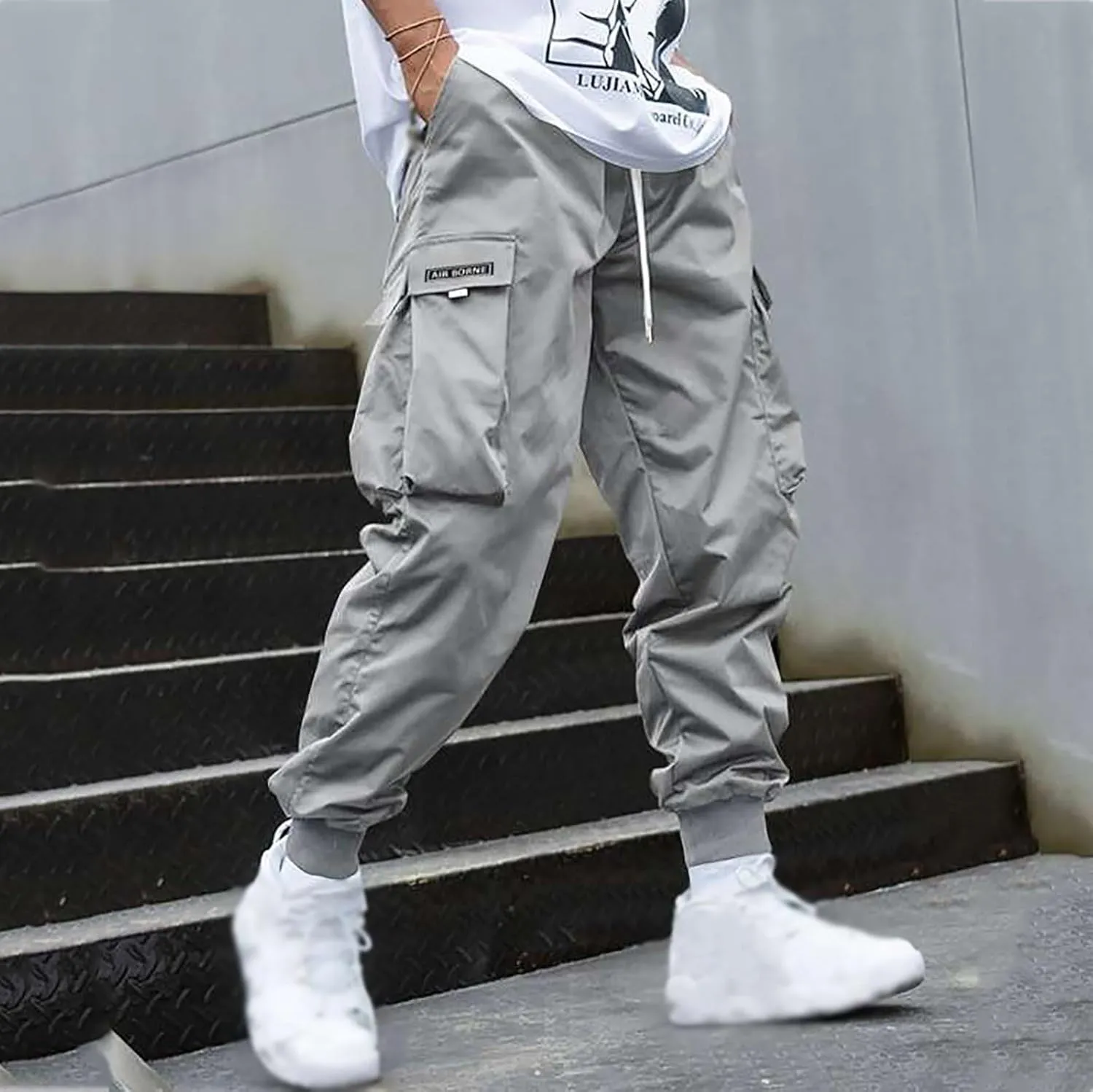 Men's Casual Cargo Pants Stretch Elastic Waist Joggers Athletic Gym Pants Summer Long Trousers with Pockets