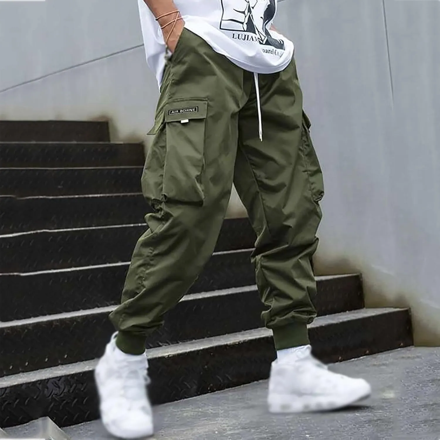 Men's Casual Cargo Pants Stretch Elastic Waist Joggers Athletic Gym Pants Summer Long Trousers with Pockets