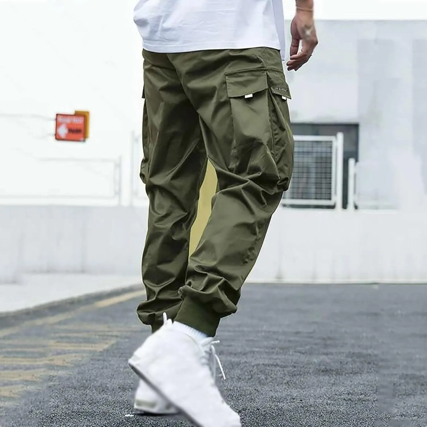 Men's Casual Cargo Pants Stretch Elastic Waist Joggers Athletic Gym Pants Summer Long Trousers with Pockets