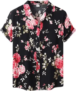 Mens Casual Hawaiian Shirt Short Sleeve Button Down Retro Floral Shirts Regular Tropical Summer Beach T-Shirts