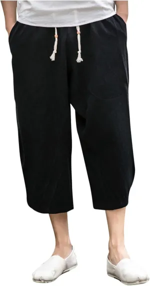 Mens Casual Linen Pants Below Knee Relaxed Fit Wide Leg Baggy Trousers Elastic Waistband Capri Comfy Gym Pants