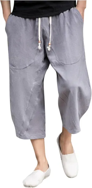 Mens Casual Linen Pants Below Knee Relaxed Fit Wide Leg Baggy Trousers Elastic Waistband Capri Comfy Gym Pants