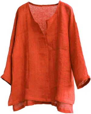 Mens Casual Loose Fit Linen Shirts Summer Hippie Baggy 3/4 Sleeve V Neck T-Shirts Solid Color Cotton Beach Yoga Tops