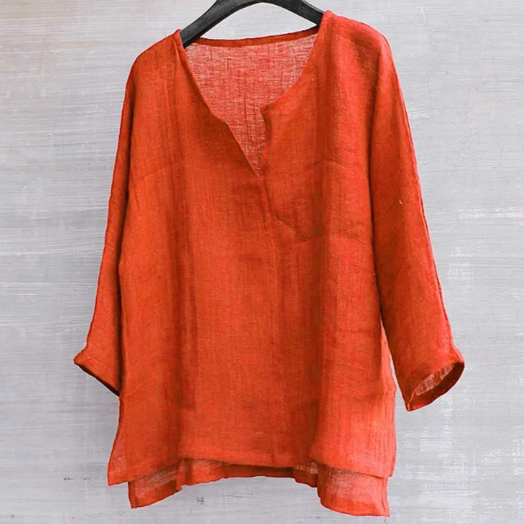 Mens Casual Loose Fit Linen Shirts Summer Hippie Baggy 3/4 Sleeve V Neck T-Shirts Solid Color Cotton Beach Yoga Tops