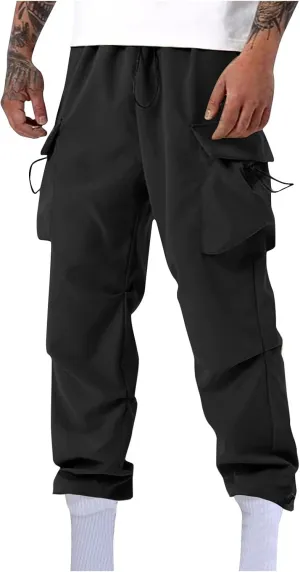 Mens Casual Pants Elastic Waist Lightweight Trousers Loose Straight Leg Sweatpants Baggy Cargo Pants with Multi Pocket