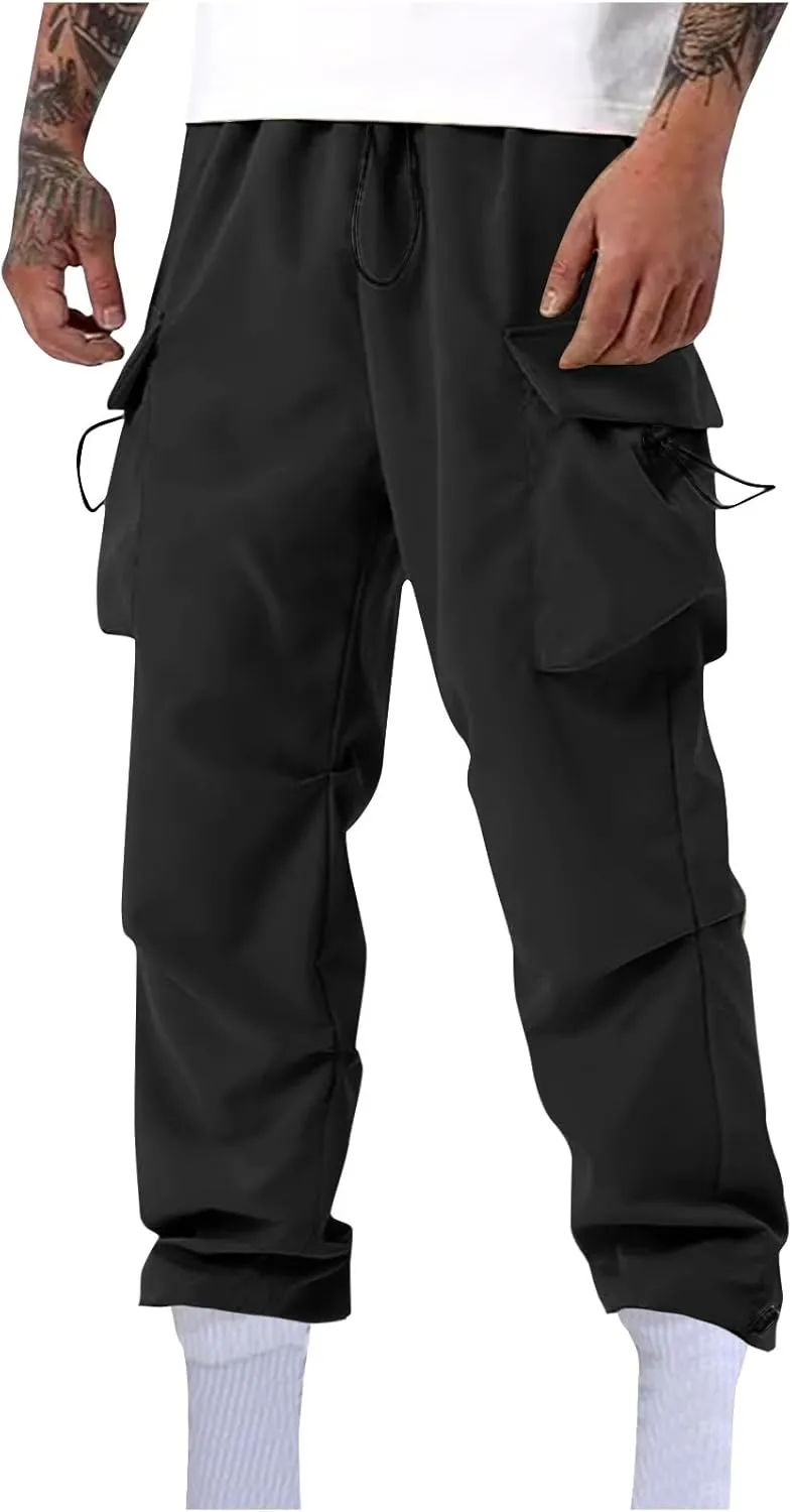 Mens Casual Pants Elastic Waist Lightweight Trousers Loose Straight Leg Sweatpants Baggy Cargo Pants with Multi Pocket