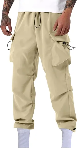 Mens Casual Pants Elastic Waist Lightweight Trousers Loose Straight Leg Sweatpants Baggy Cargo Pants with Multi Pocket