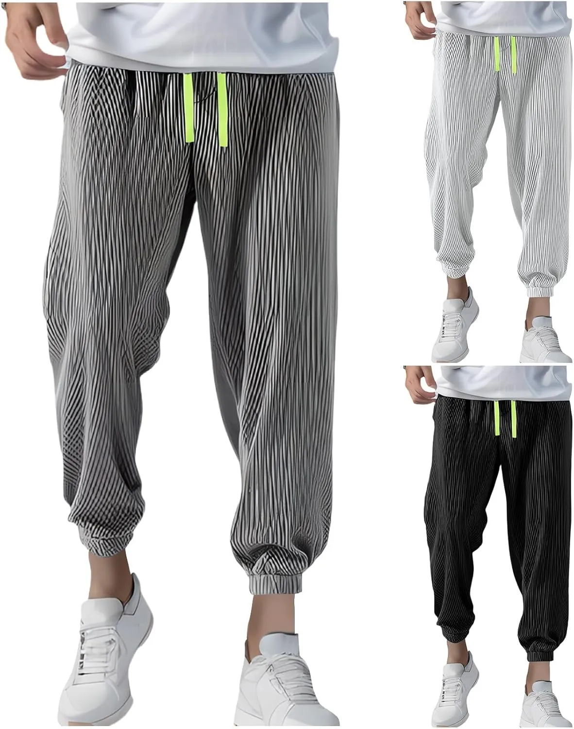 Mens Casual Pants Lightweight Drawstring Trousers Drawstring Elastic Waist Cropped Pants Casual Solid Color Stripe Pant
