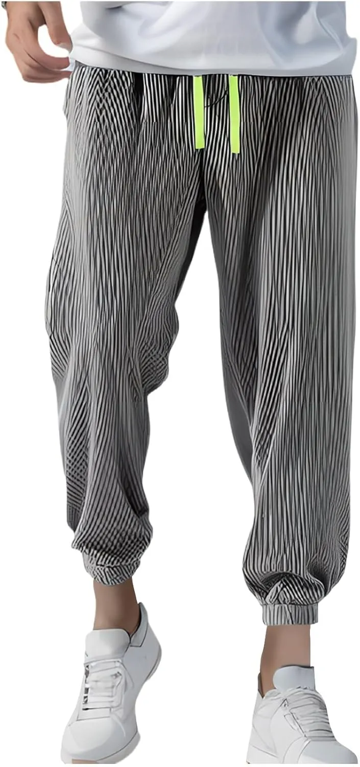 Mens Casual Pants Lightweight Drawstring Trousers Drawstring Elastic Waist Cropped Pants Casual Solid Color Stripe Pant