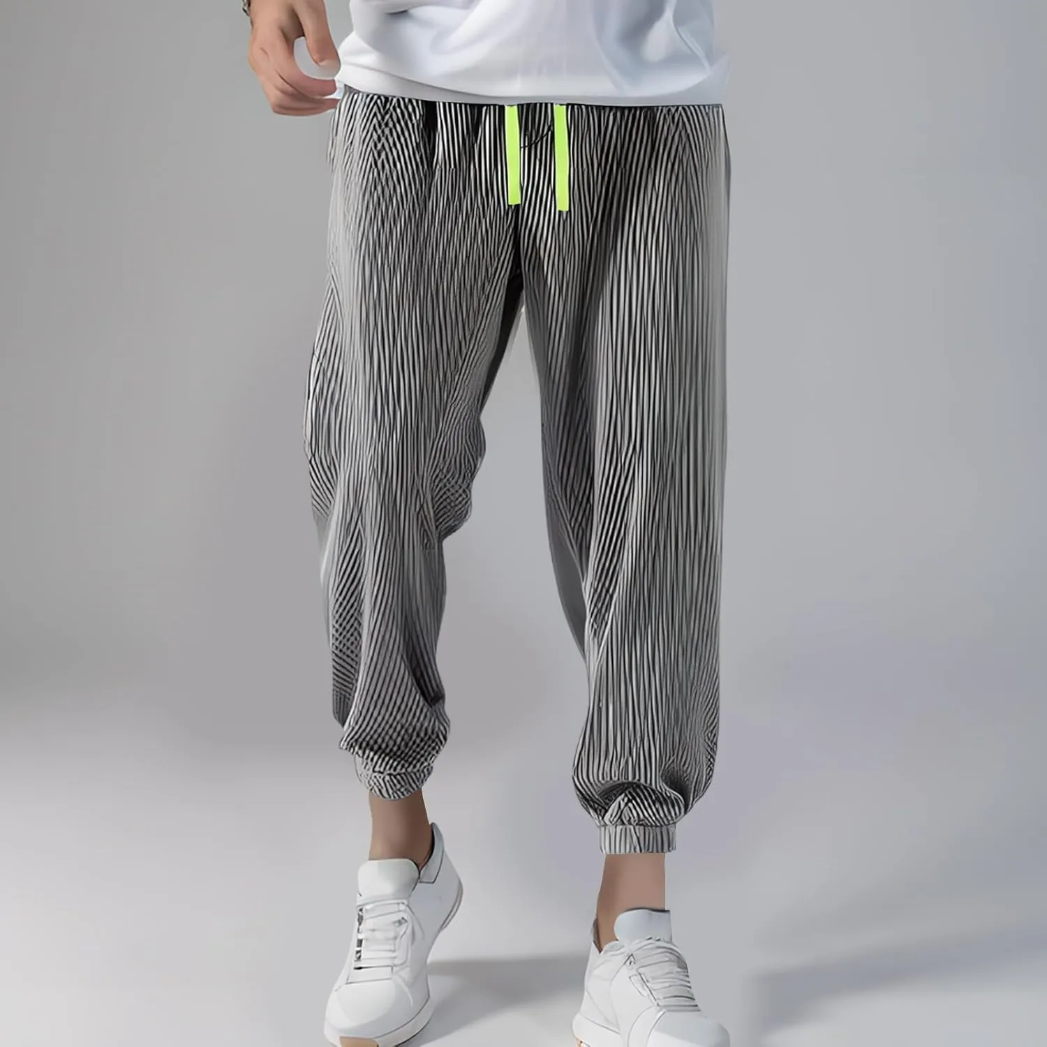 Mens Casual Pants Lightweight Drawstring Trousers Drawstring Elastic Waist Cropped Pants Casual Solid Color Stripe Pant