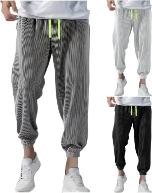Mens Casual Pants Lightweight Drawstring Trousers Drawstring Elastic Waist Cropped Pants Casual Solid Color Stripe Pant