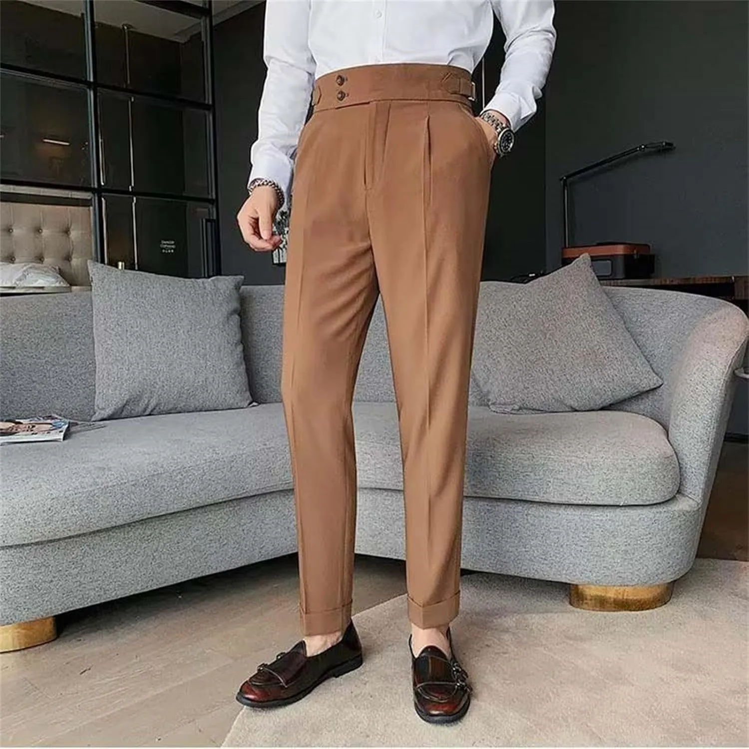 Mens Casual Pants Slim Fit High Waisted Straight Leg Dress Pants Lightweight Solid Color Business Work Pants Lounge Trousers
