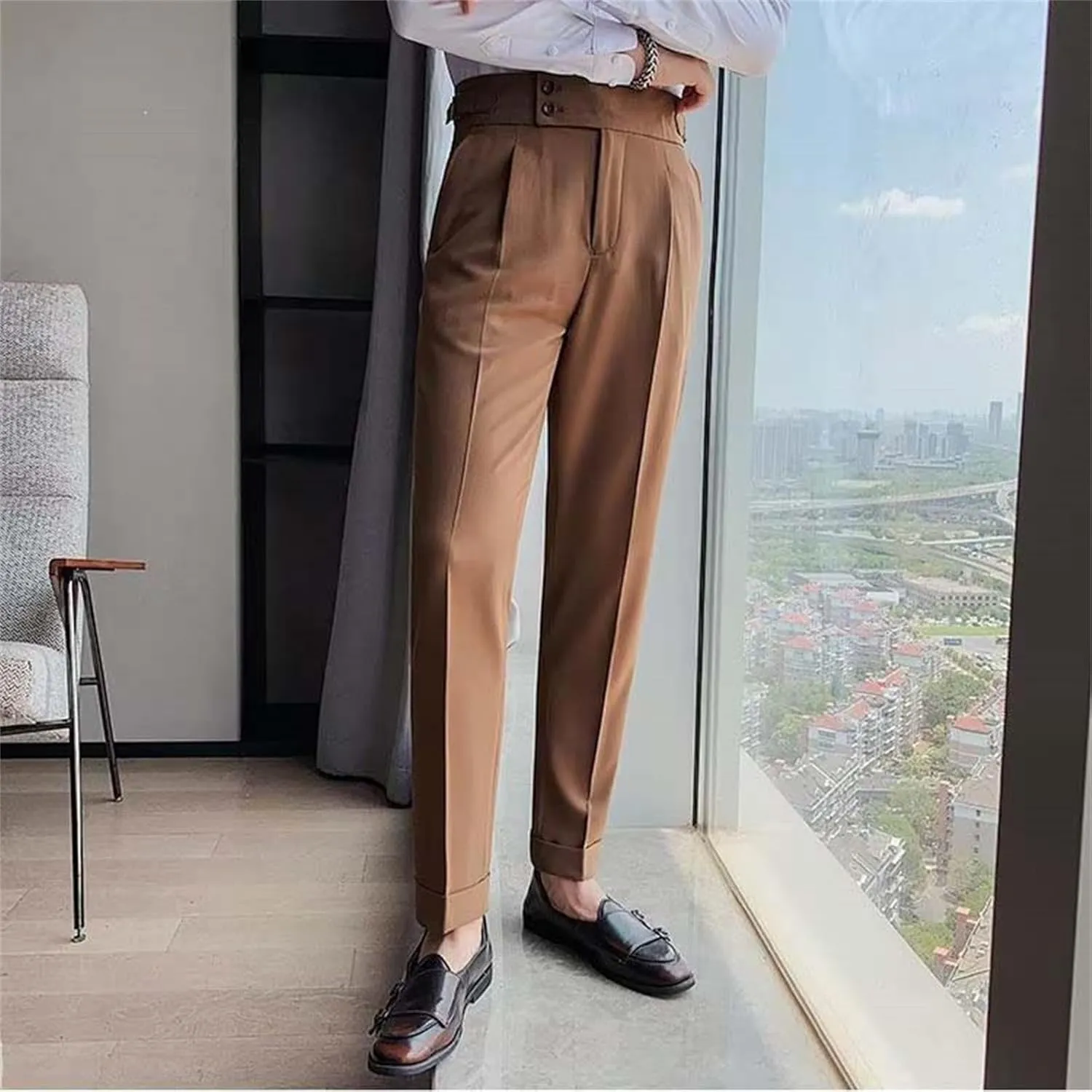 Mens Casual Pants Slim Fit High Waisted Straight Leg Dress Pants Lightweight Solid Color Business Work Pants Lounge Trousers