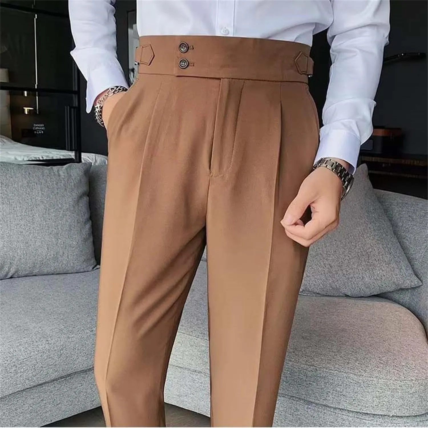 Mens Casual Pants Slim Fit High Waisted Straight Leg Dress Pants Lightweight Solid Color Business Work Pants Lounge Trousers