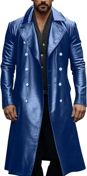 Mens Casual PU Leather Jacket British Style Lapel Collar Double Breasted Motorcycle Jakcet Fall Long Coats Overcoat