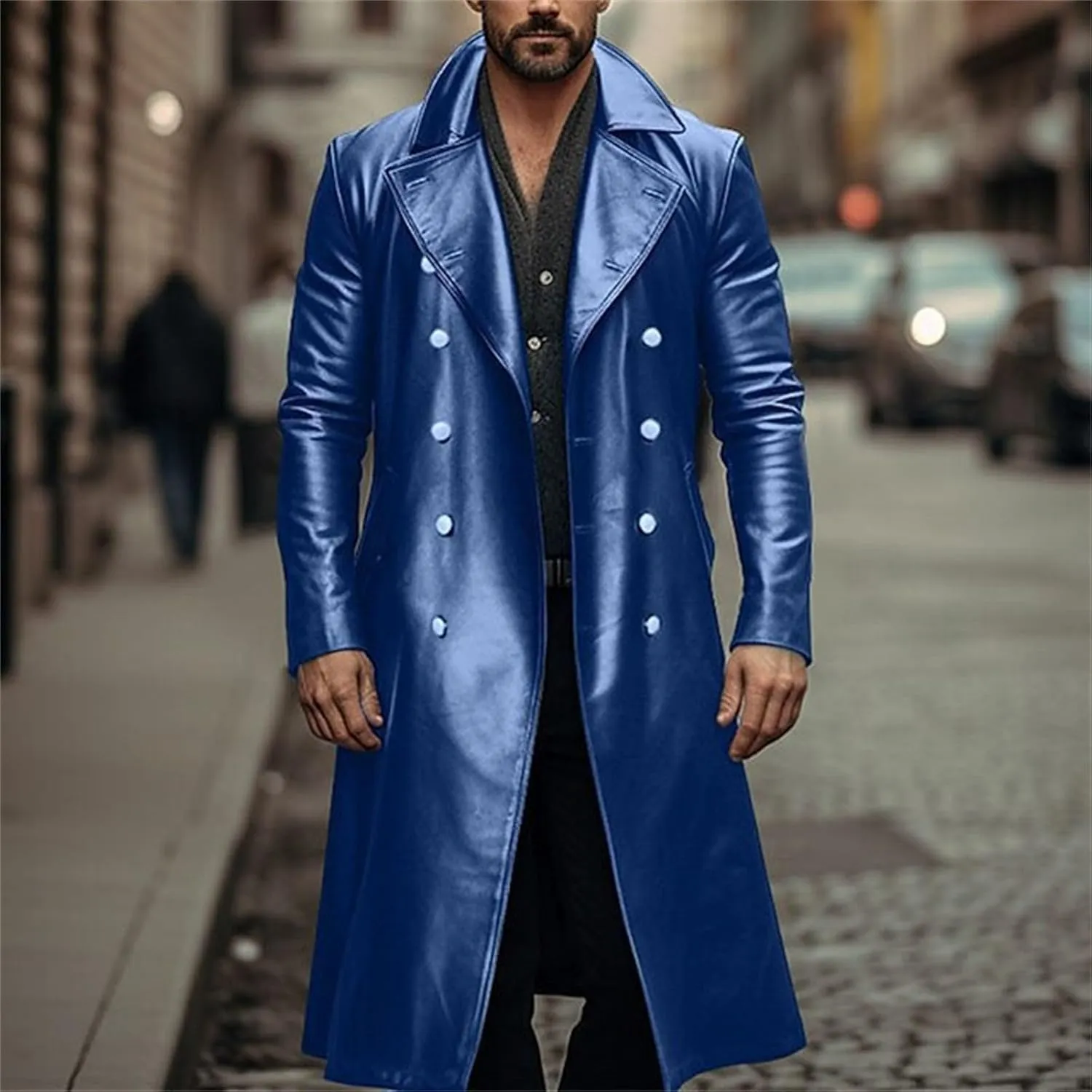 Mens Casual PU Leather Jacket British Style Lapel Collar Double Breasted Motorcycle Jakcet Fall Long Coats Overcoat