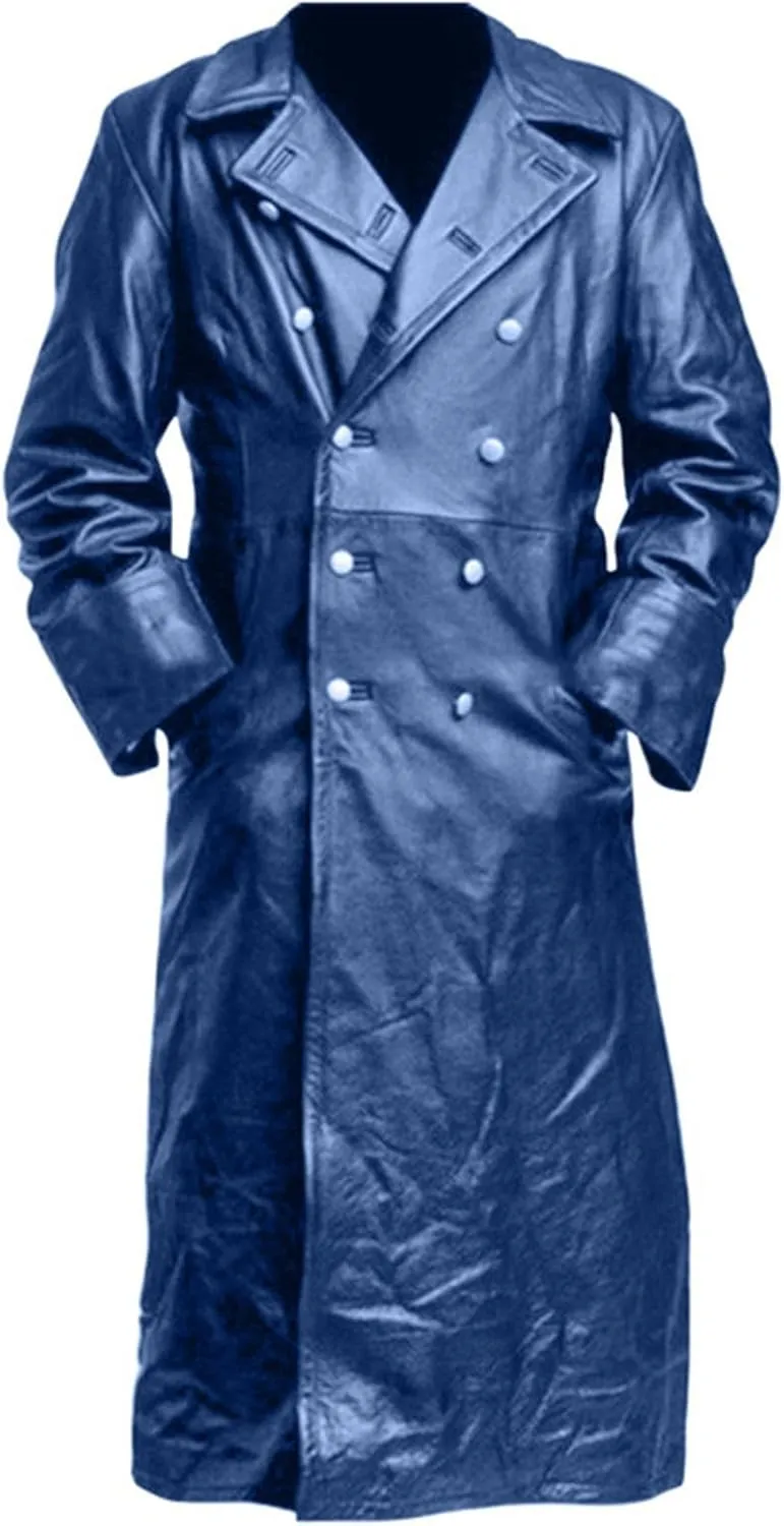 Mens Casual PU Leather Jacket British Style Lapel Collar Double Breasted Motorcycle Jakcet Fall Long Coats Overcoat