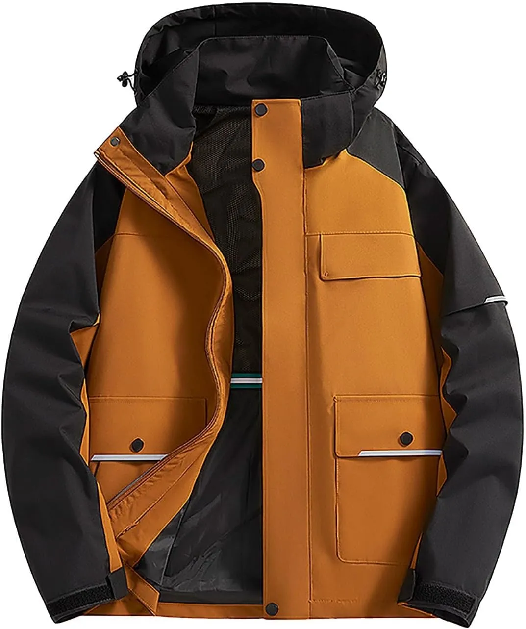 Mens Casual Rain Jacket Fashion Color Block Preppy Windbreaker Hooded Jacket Coats Outdoor Hiking Travel Raincoat