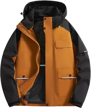 Mens Casual Rain Jacket Fashion Color Block Preppy Windbreaker Hooded Jacket Coats Outdoor Hiking Travel Raincoat