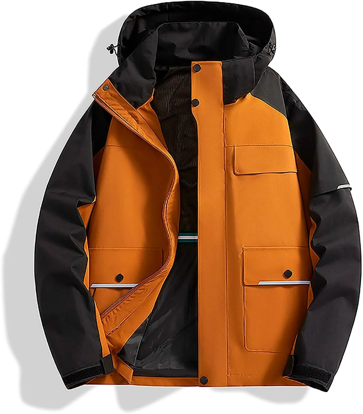 Mens Casual Rain Jacket Fashion Color Block Preppy Windbreaker Hooded Jacket Coats Outdoor Hiking Travel Raincoat