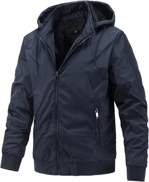 Mens Casual Removable Hooded Jackets Zip up Long Sleeves Bomber Windbreakers Thin Cotton Outwear Casual Tops