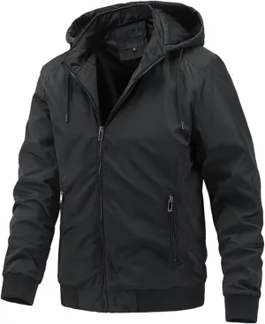 Mens Casual Removable Hooded Jackets Zip up Long Sleeves Bomber Windbreakers Thin Cotton Outwear Casual Tops