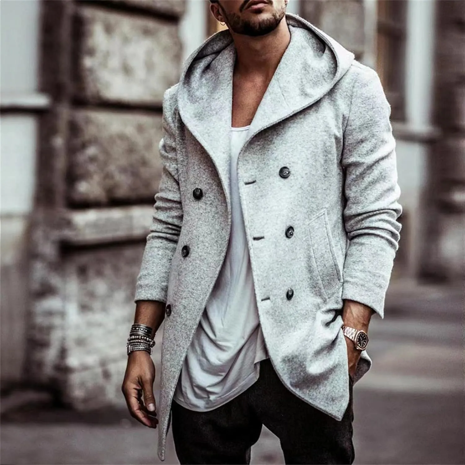 Mens Classic Pea Coat Hoodie Notched Collar Double Breasted Slim Fit Winter Warm Trench Coats for Men with Hood