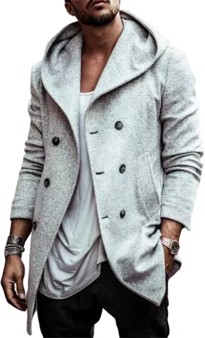 Mens Classic Pea Coat Hoodie Notched Collar Double Breasted Slim Fit Winter Warm Trench Coats for Men with Hood