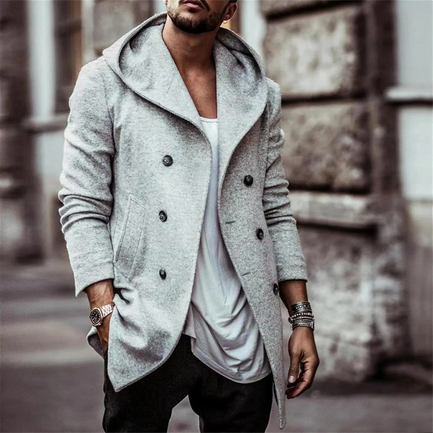 Mens Classic Pea Coat Hoodie Notched Collar Double Breasted Slim Fit Winter Warm Trench Coats for Men with Hood