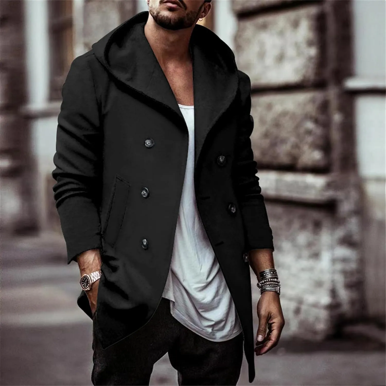 Mens Classic Pea Coat Hoodie Notched Collar Double Breasted Slim Fit Winter Warm Trench Coats for Men with Hood