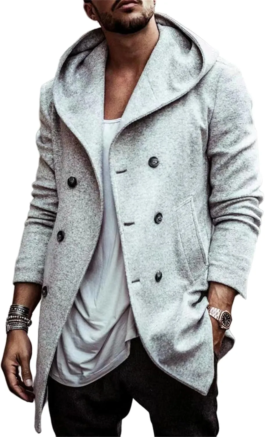 Mens Classic Pea Coat Hoodie Notched Collar Double Breasted Slim Fit Winter Warm Trench Coats for Men with Hood