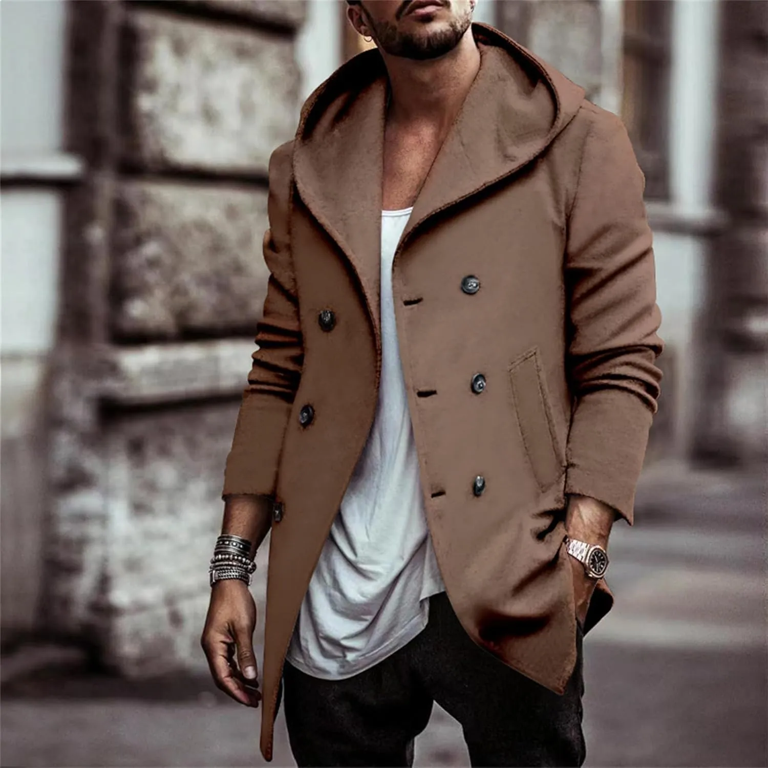 Mens Classic Pea Coat Hoodie Notched Collar Double Breasted Slim Fit Winter Warm Trench Coats for Men with Hood