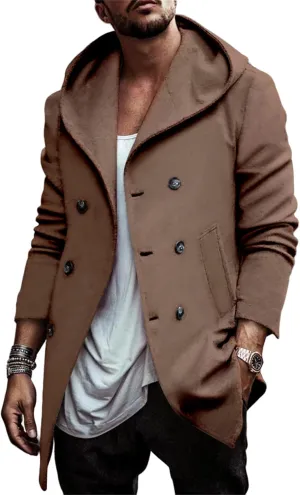 Mens Classic Pea Coat Hoodie Notched Collar Double Breasted Slim Fit Winter Warm Trench Coats for Men with Hood