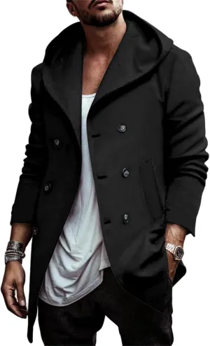 Mens Classic Pea Coat Hoodie Notched Collar Double Breasted Slim Fit Winter Warm Trench Coats for Men with Hood