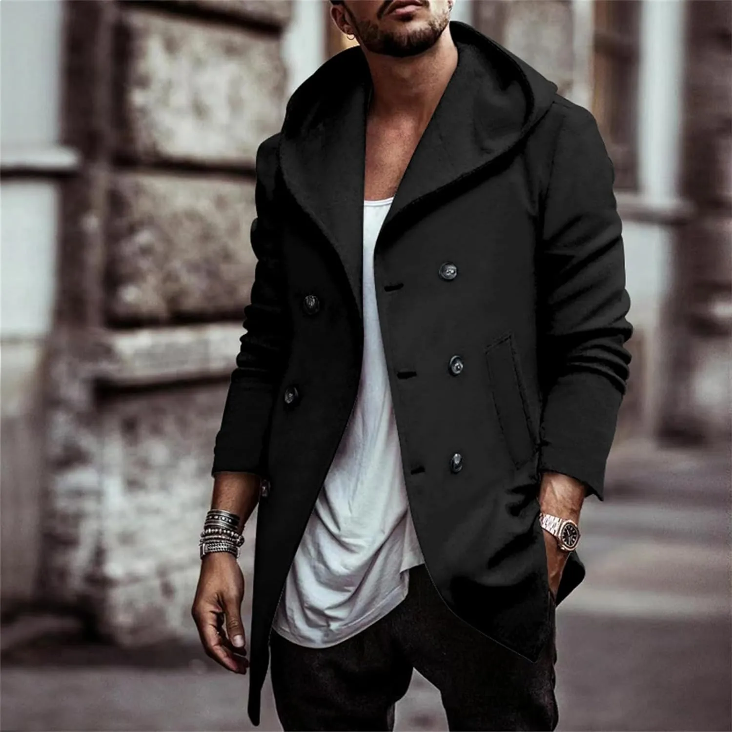 Mens Classic Pea Coat Hoodie Notched Collar Double Breasted Slim Fit Winter Warm Trench Coats for Men with Hood