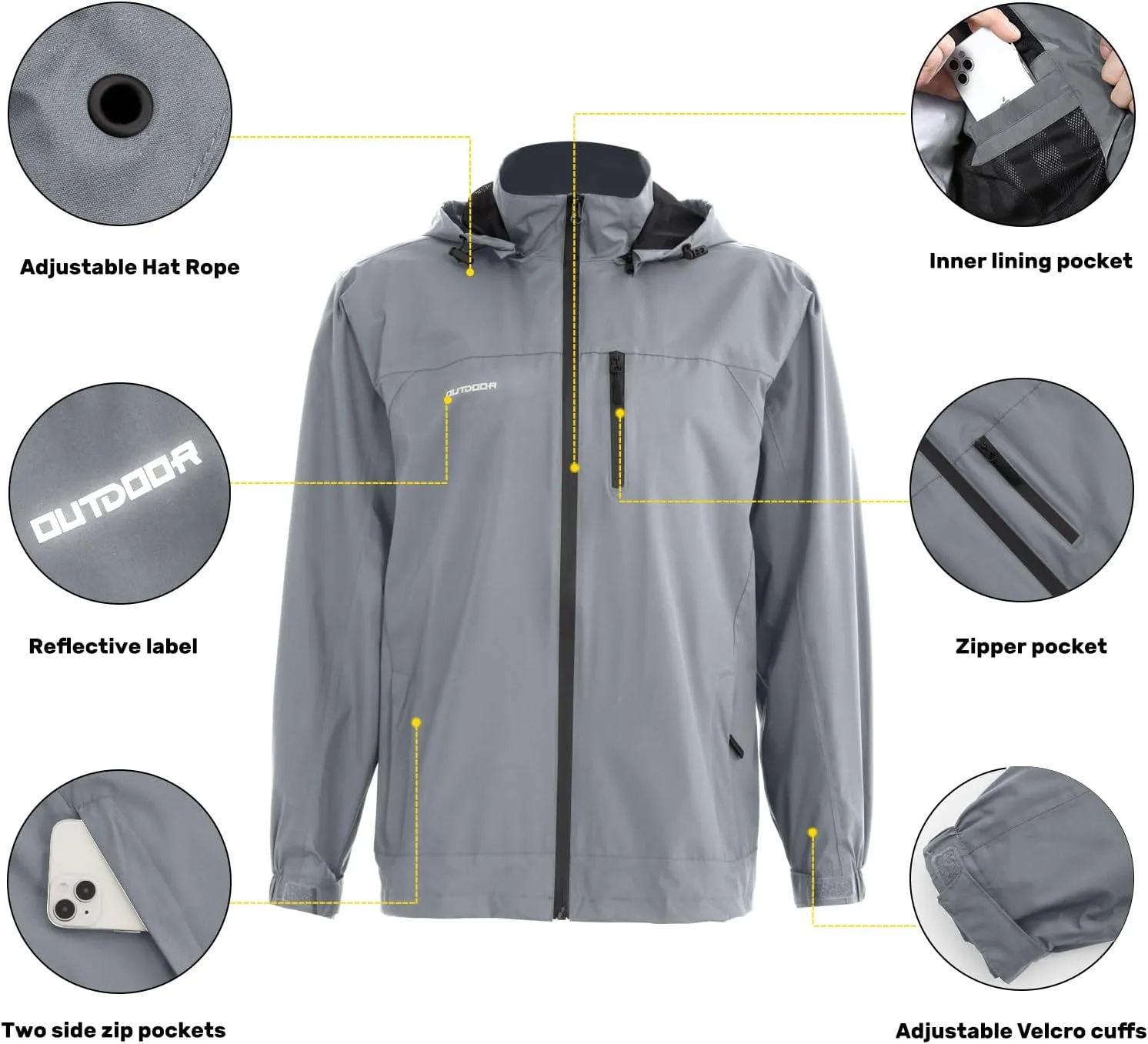 Men's Classic Windbreaker Jacket Lightweight All-Sport Waterproof Hiking Coat Detachable Hooded Windbreakers for Men