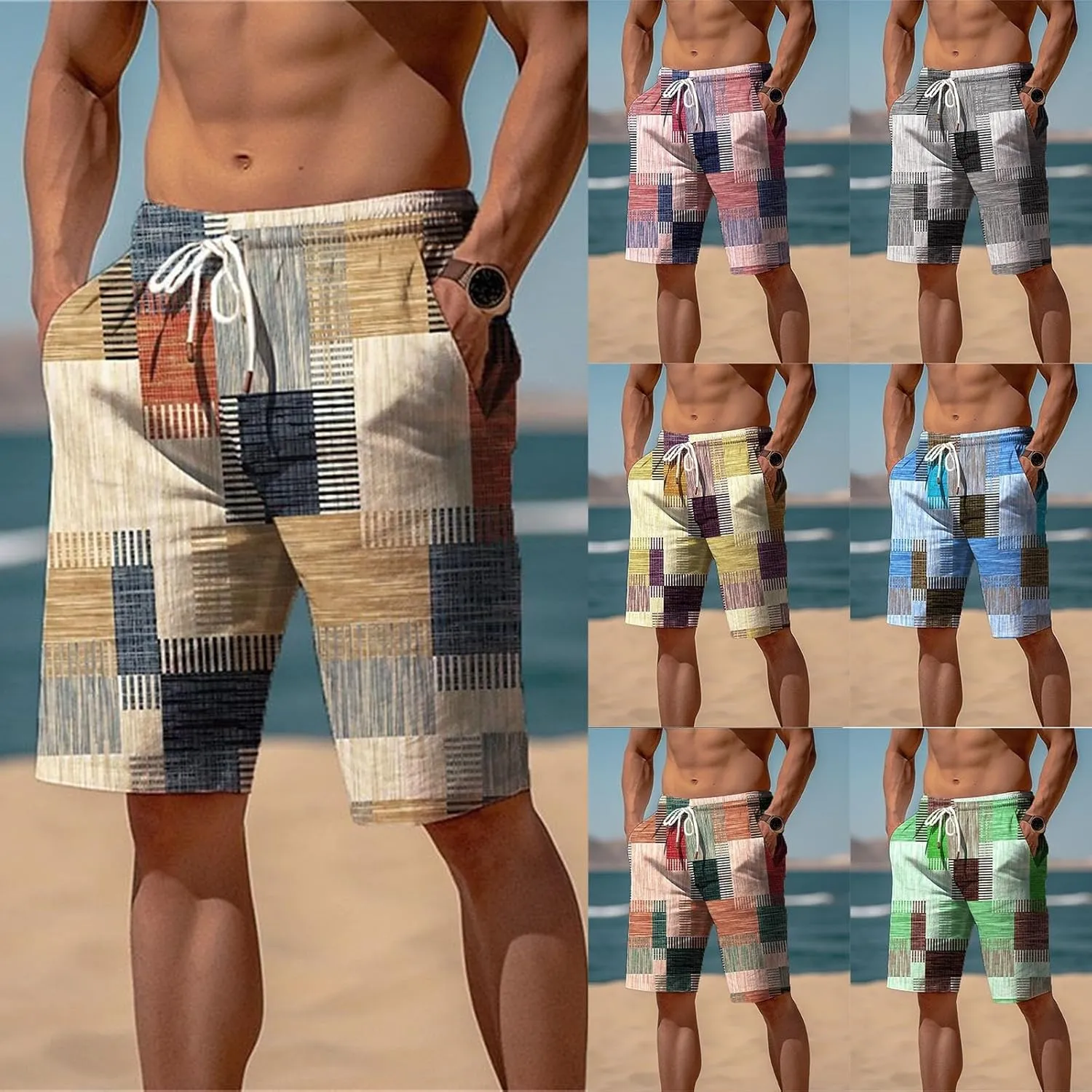 Mens Color Block Printed Summer Linen Pants Drawstring Straight Leg Casual Beach Pant Elastic Waist Beach Yoga Hawaiian Pants