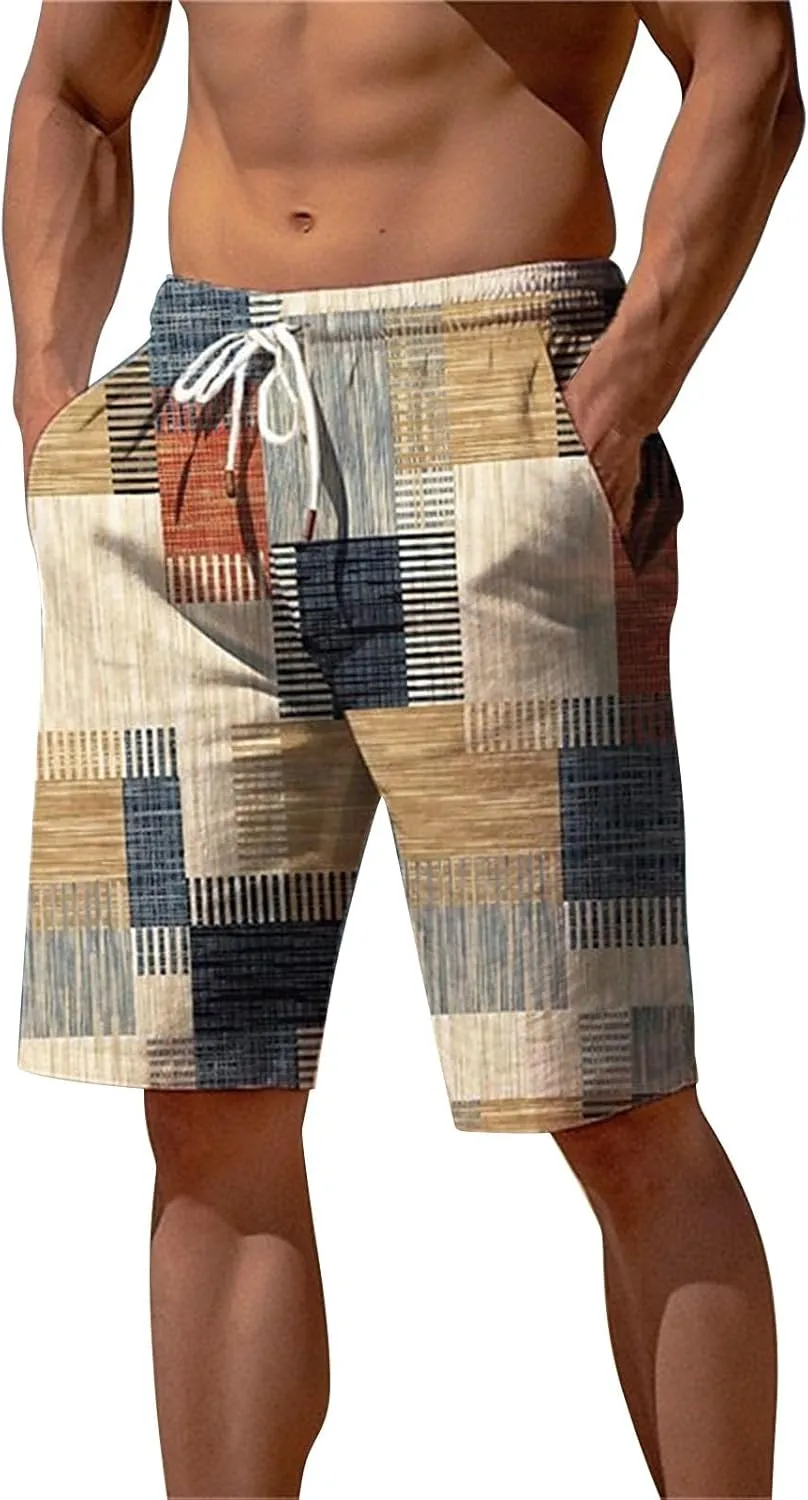 Mens Color Block Printed Summer Linen Pants Drawstring Straight Leg Casual Beach Pant Elastic Waist Beach Yoga Hawaiian Pants