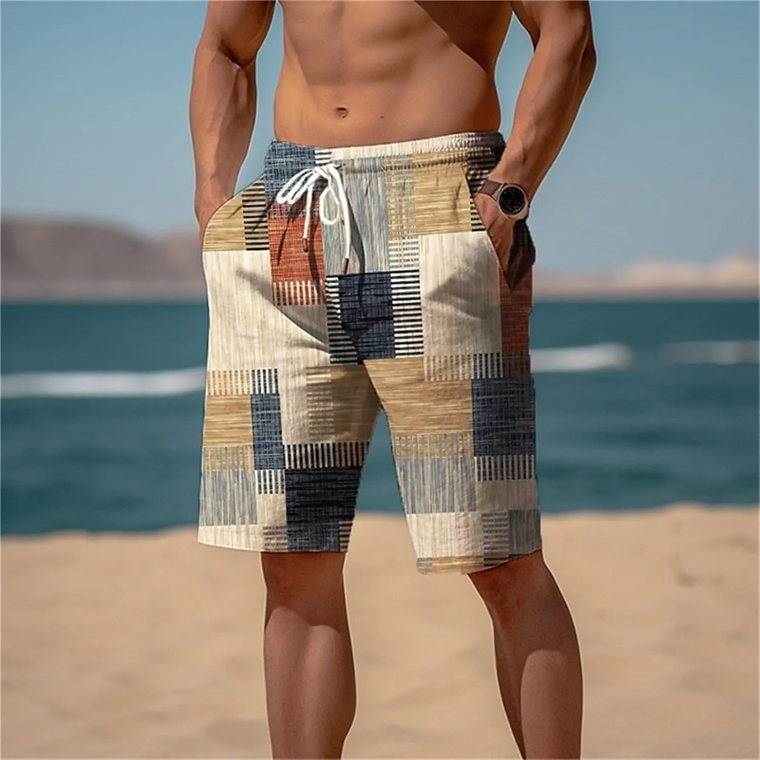 Mens Color Block Printed Summer Linen Pants Drawstring Straight Leg Casual Beach Pant Elastic Waist Beach Yoga Hawaiian Pants