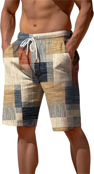 Mens Color Block Printed Summer Linen Pants Drawstring Straight Leg Casual Beach Pant Elastic Waist Beach Yoga Hawaiian Pants