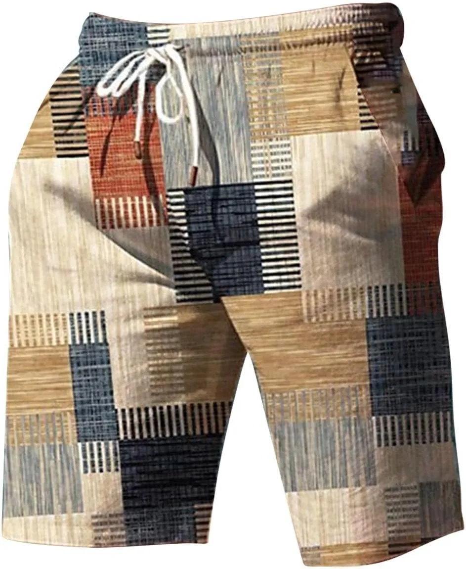 Mens Color Block Printed Summer Linen Pants Drawstring Straight Leg Casual Beach Pant Elastic Waist Beach Yoga Hawaiian Pants